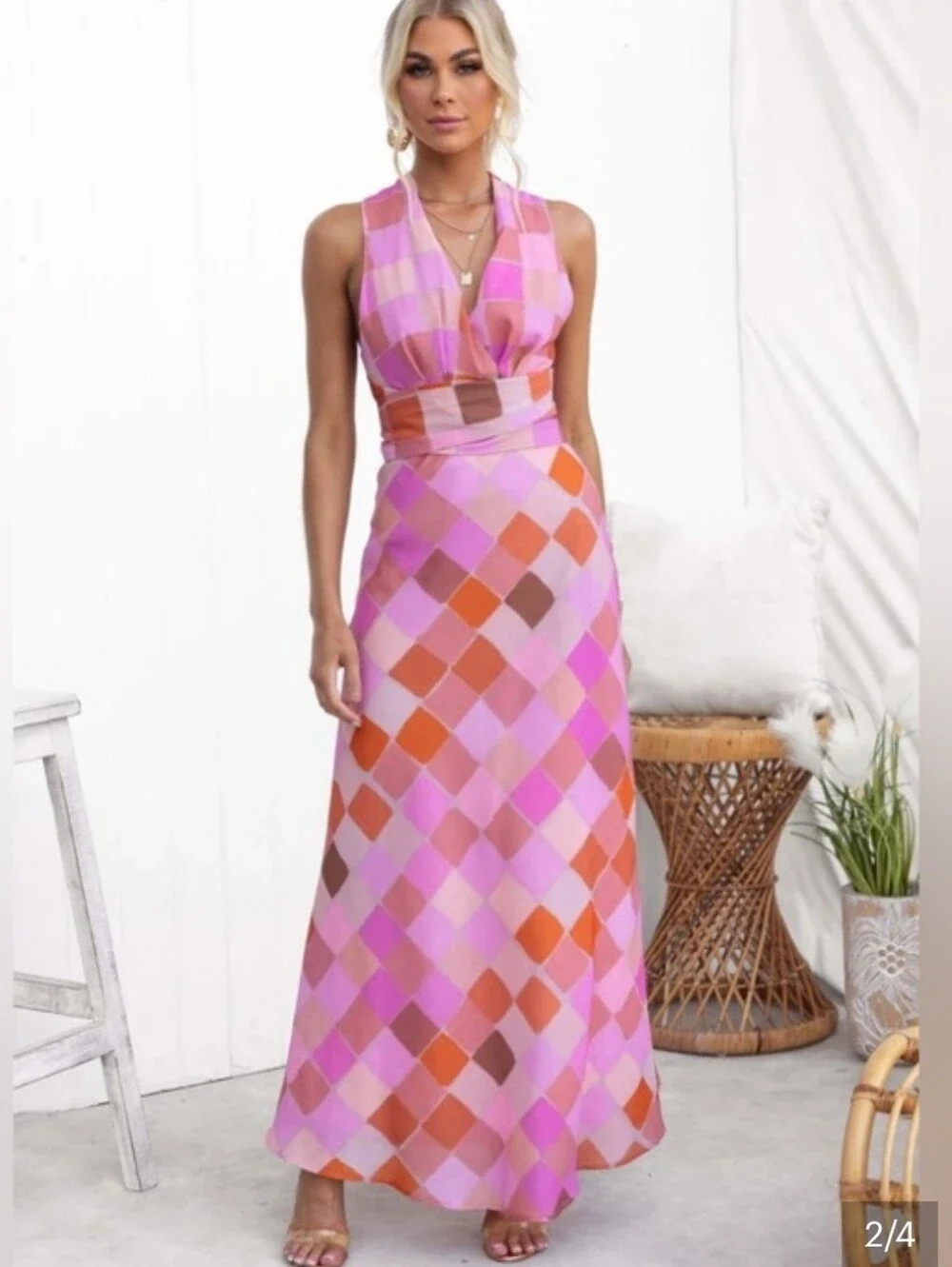 NWOT Selfie Leslie Pink Orange Geometric Diamond Maxi Dress Tie Halter Small 70s - Picture 4 of 6
